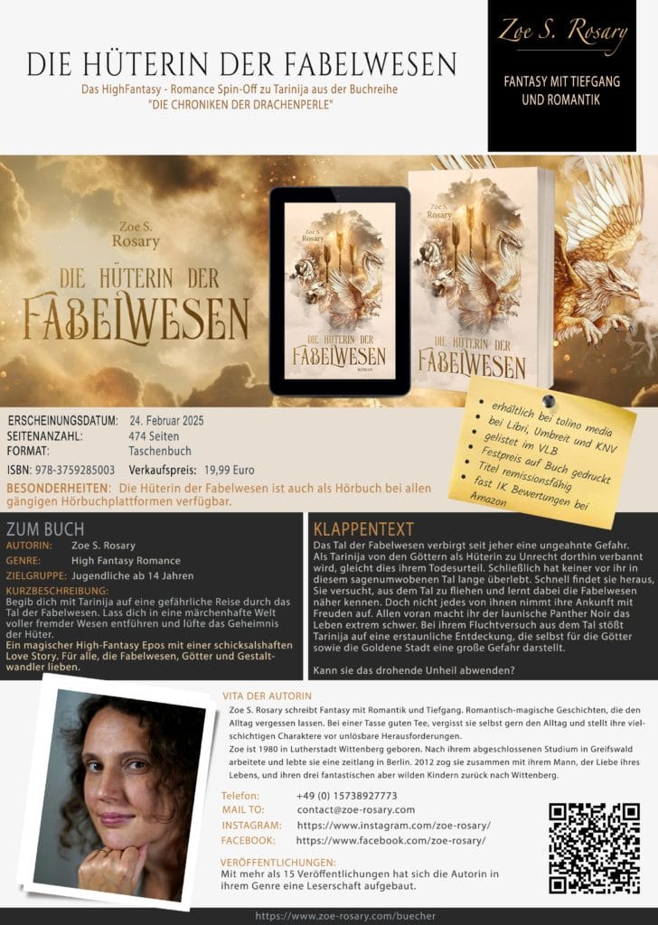 Waschzettel, Flyer für den Roman Die Hüterin der Fabelwesen von Zoe S. Rosary