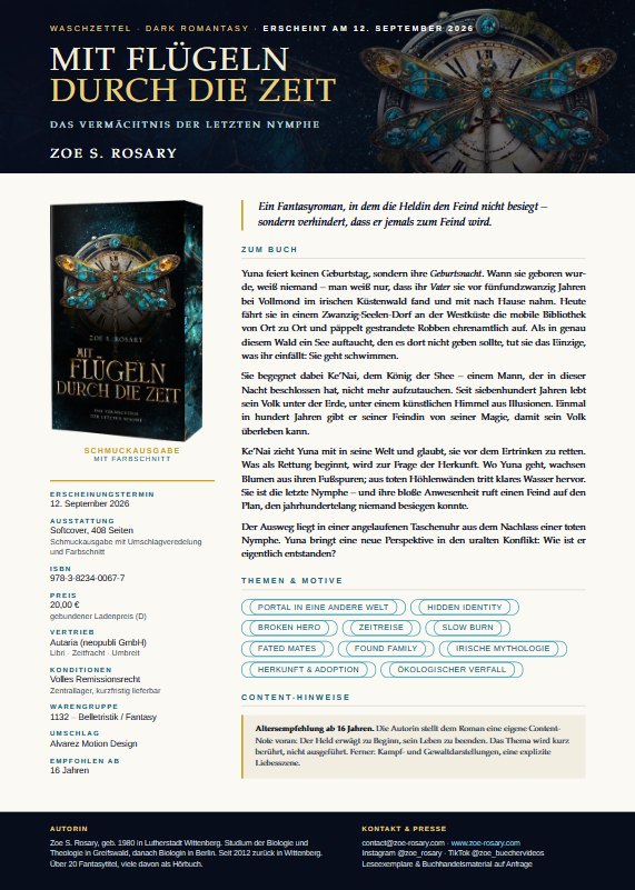 Waschzettel - Mit Flügeln durch die Zeit - Fantasy Roman von Zoe S. Rosary
